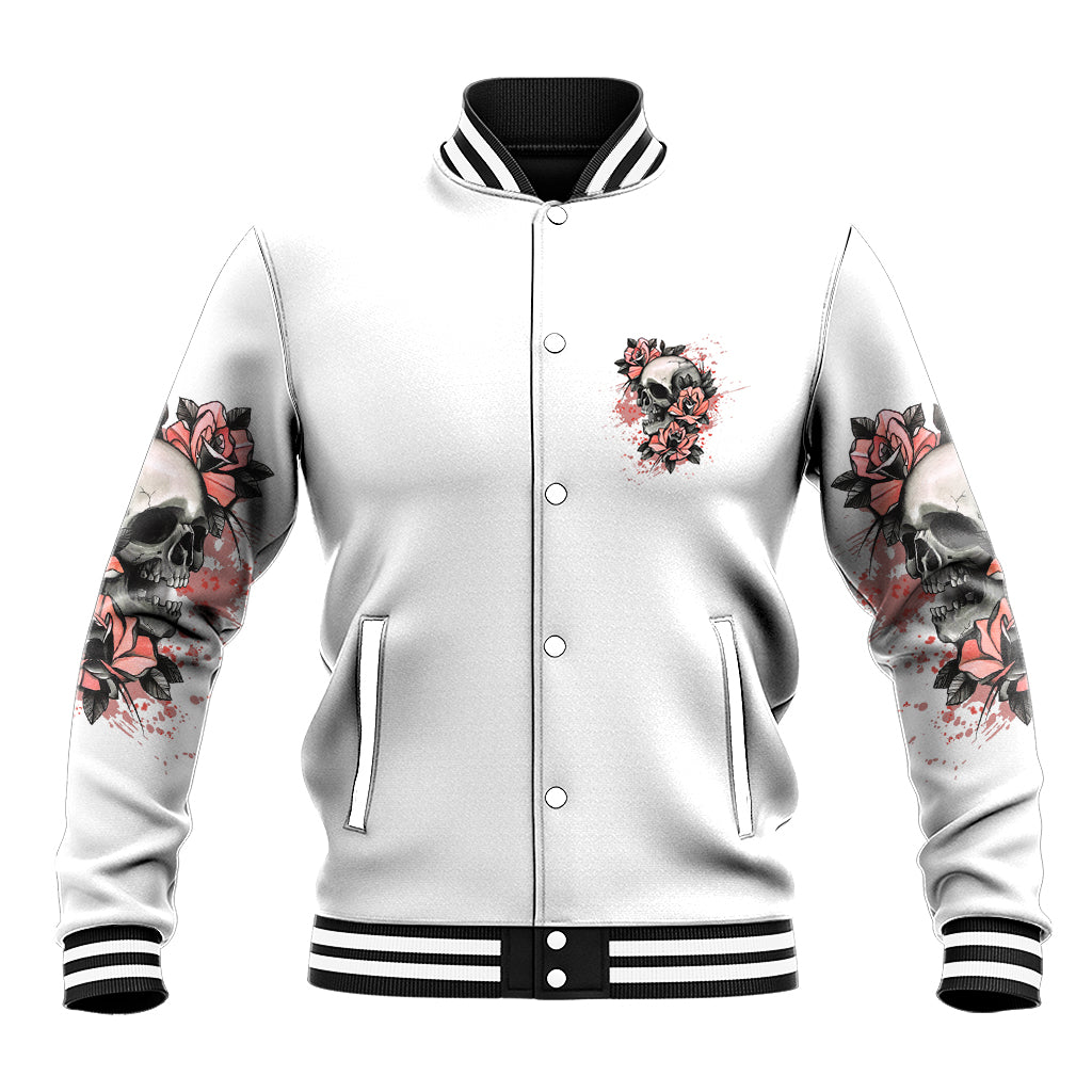 Unisex baseball jacket light gray with button front, striped cuffs, and skull rose chest patch