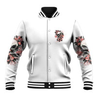 Unisex baseball jacket light gray with button front, striped cuffs, and skull rose chest patch