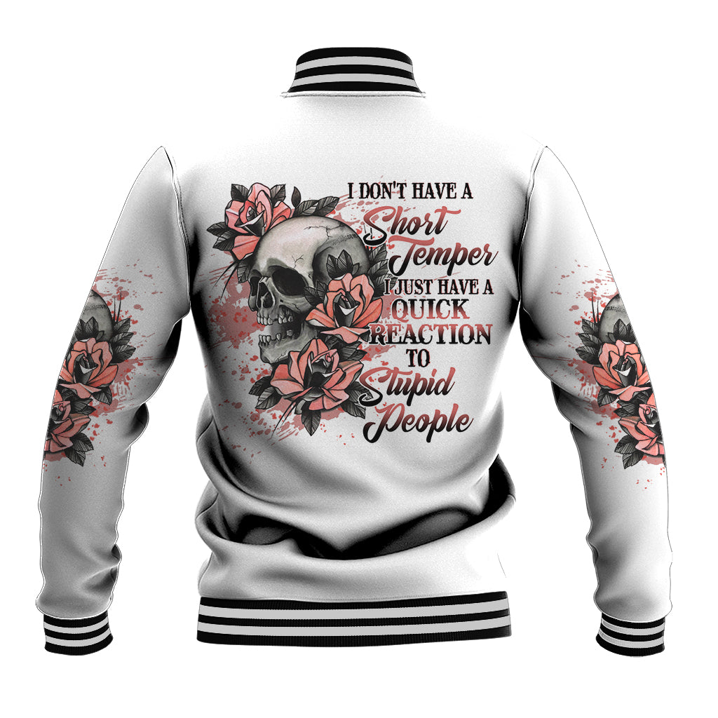 Unisex baseball jacket in light gray with striped collar and red rose skull back graphic