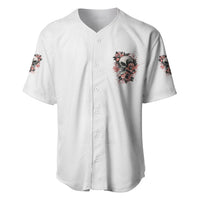 White baseball jersey front with button placket, V-neck and rose skull chest graphic