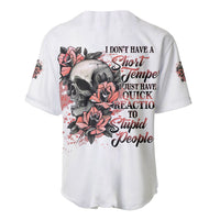 White baseball jersey back with skull and roses graphic and slogan lettering