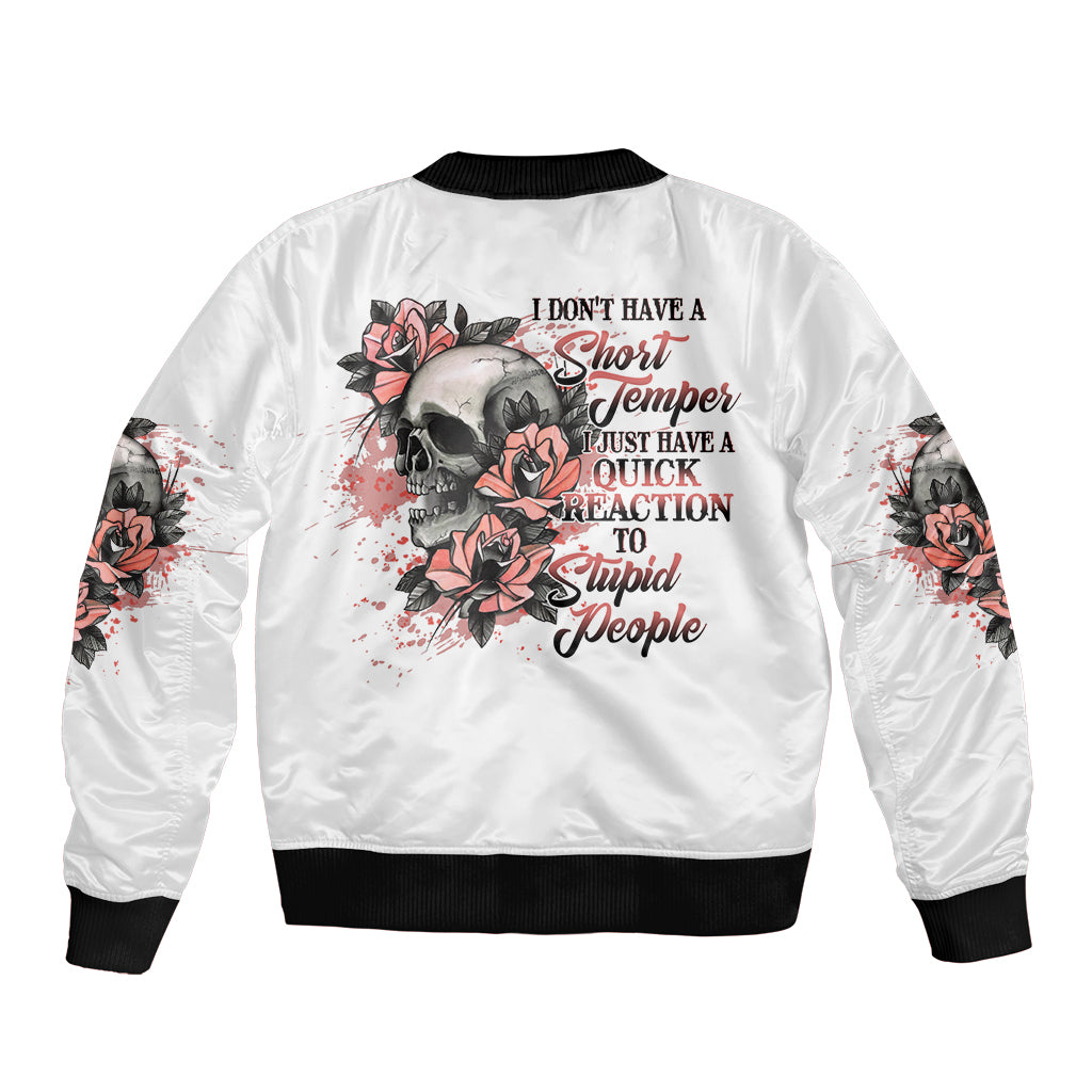 White bomber jacket with ribbed black cuffs, and back skull-and-rose graphic patch