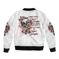 White bomber jacket with ribbed black cuffs, and back skull-and-rose graphic patch