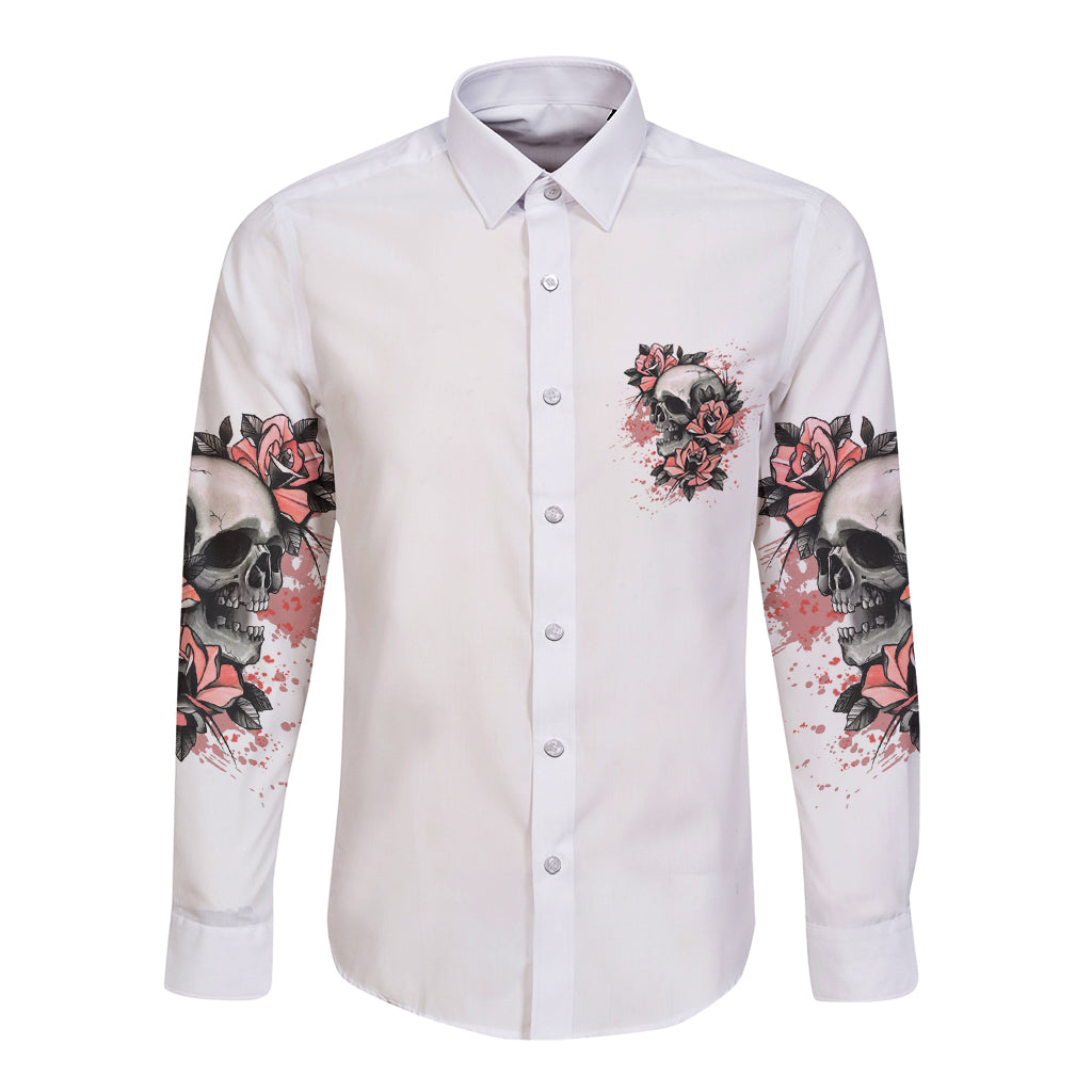 White long-sleeve button shirt, front graphic of skull and roses with splatter