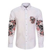 White long-sleeve button shirt, front graphic of skull and roses with splatter