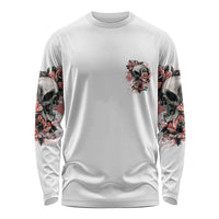 Unisex long sleeve shirt, white with rose-and-skull sleeves and front graphic
