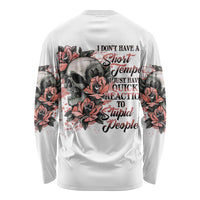Unisex long sleeve shirt, white with rose-and-skull graphic and red-letter back print