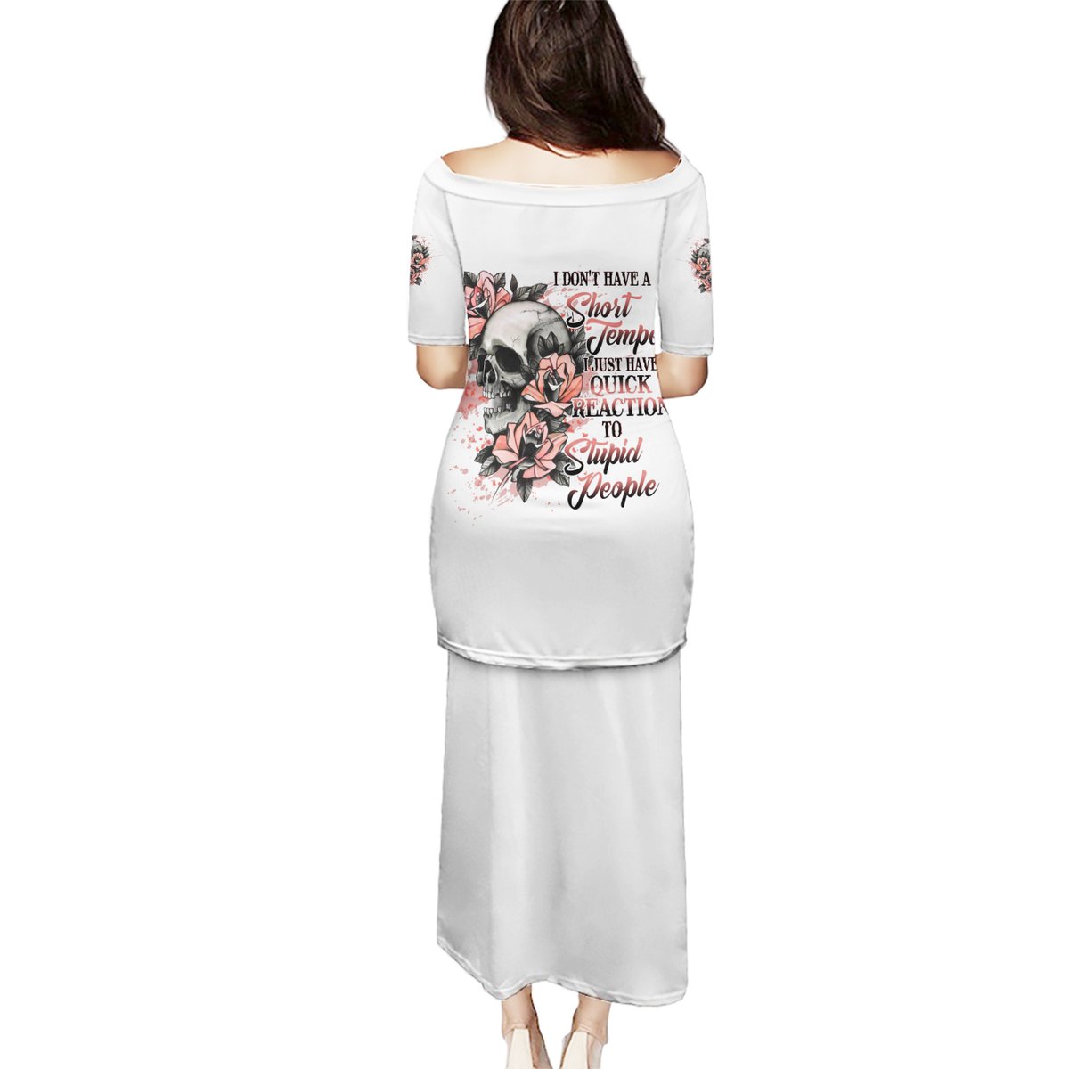 White long off-shoulder dress with multicolor back graphic and short sleeves