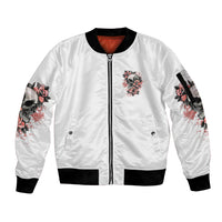 Unisex bomber jacket, white with front zip, skull rose prints on sleeves, ribbed hem