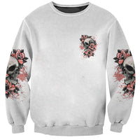 Gray crewneck sweatshirt with skull-and-rose prints on sleeves and small chest graphic