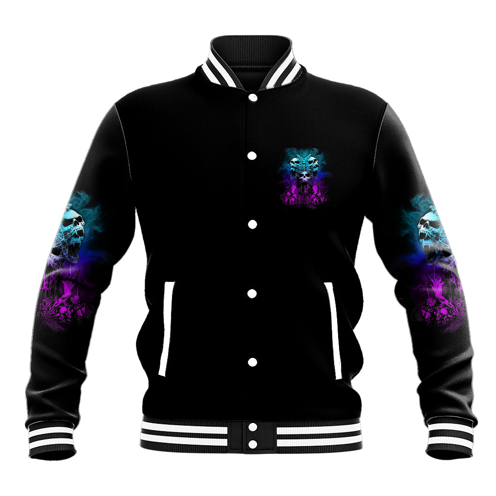 Black varsity baseball jacket, front button-up with small neon skull graphic and striped cuffs