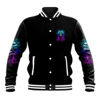 Black varsity baseball jacket, front button-up with small neon skull graphic and striped cuffs