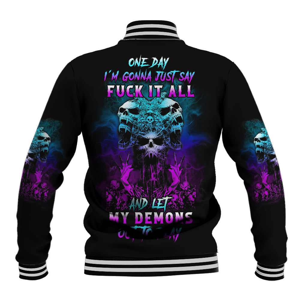 Black baseball jacket with neon skull graphic, back slogan, and striped ribbed collar