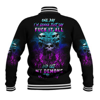 Black baseball jacket with neon skull graphic, back slogan, and striped ribbed collar