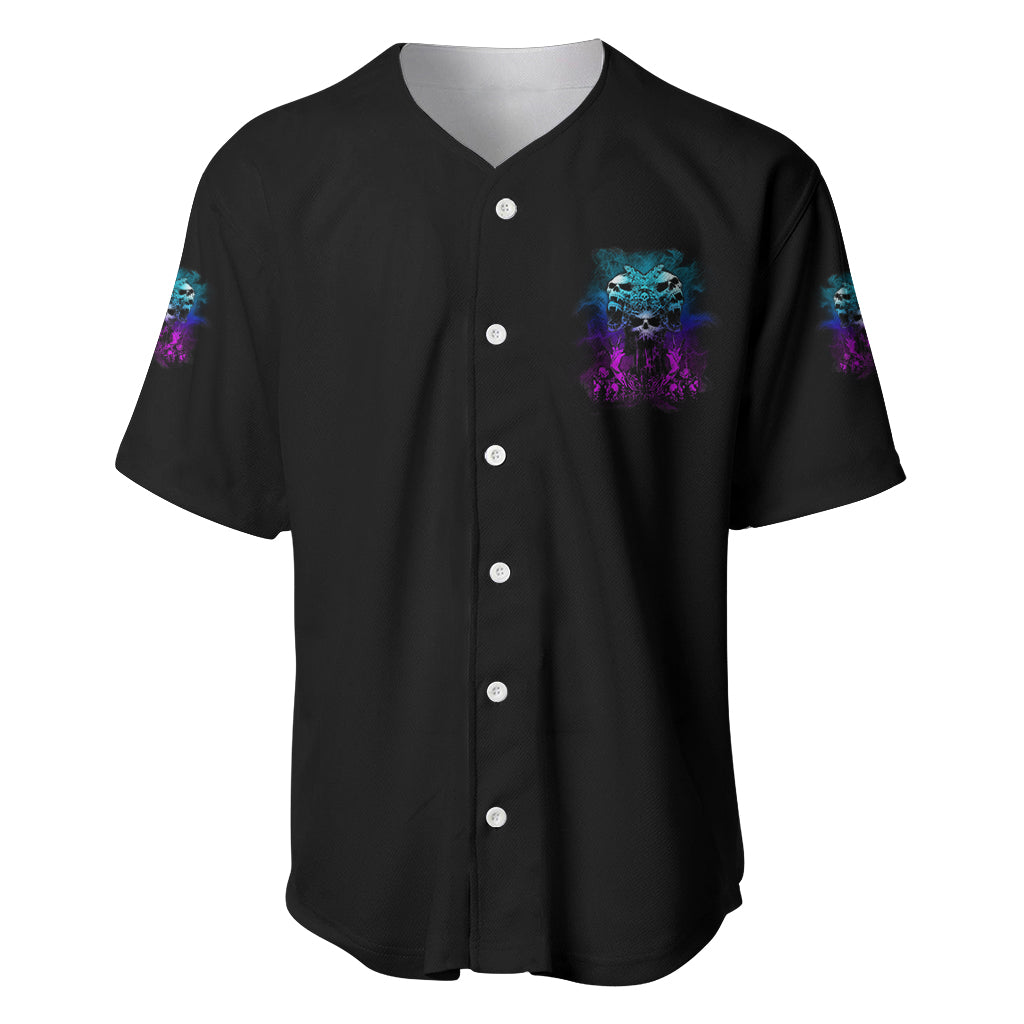 Black baseball jersey with neon skull graphic on chest, button-front V-neck