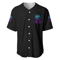 Black baseball jersey with neon skull graphic on chest, button-front V-neck
