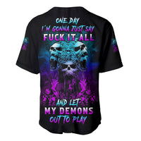 Black baseball jersey with neon skull and quote graphic on back