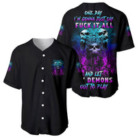 Black baseball jersey with neon skull graphics on front and back, button-front