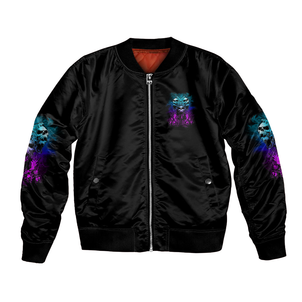 Black bomber jacket with front zipper, ribbed hem and blue/purple side graphic
