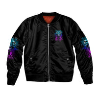 Black bomber jacket with front zipper, ribbed hem and blue/purple side graphic