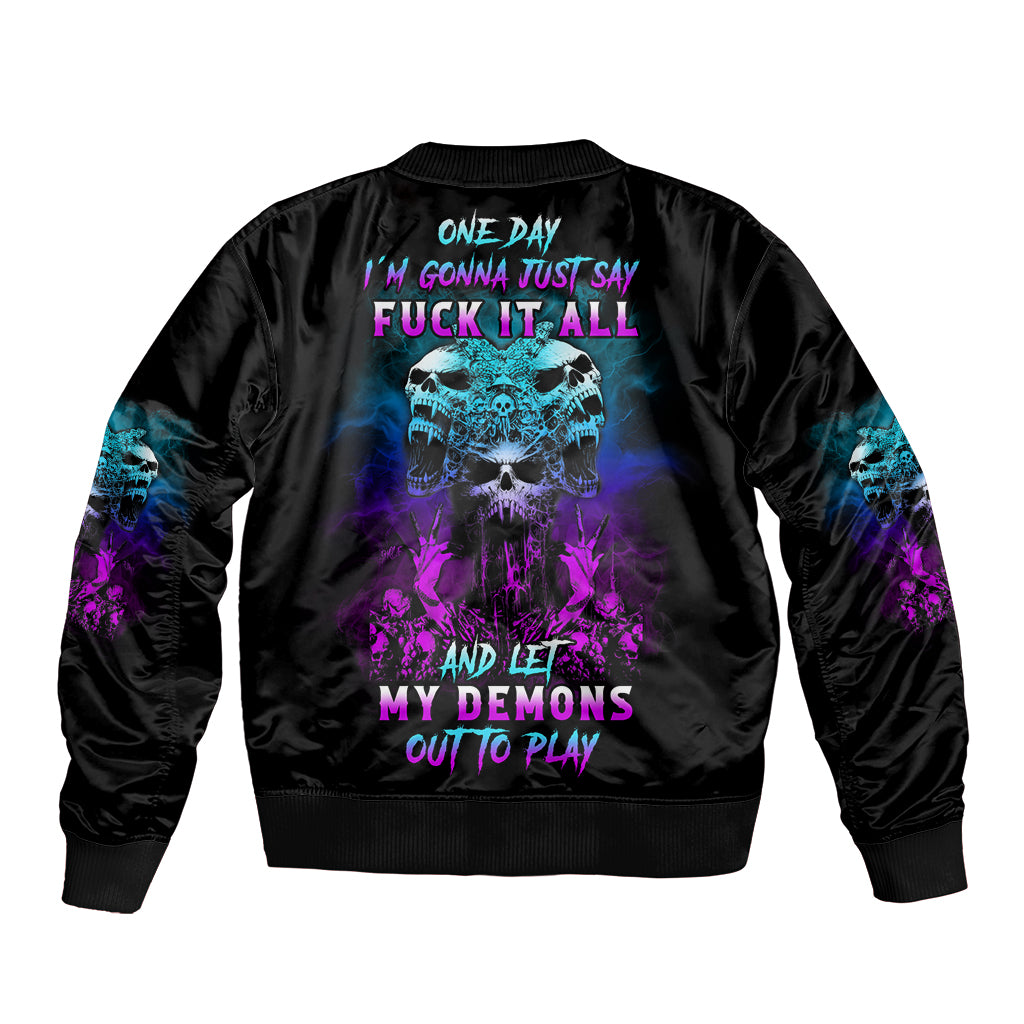 Black bomber jacket with ribbed cuffs and large back graphic skull in blue and purple
