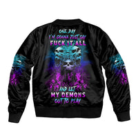 Black bomber jacket with ribbed cuffs and large back graphic skull in blue and purple