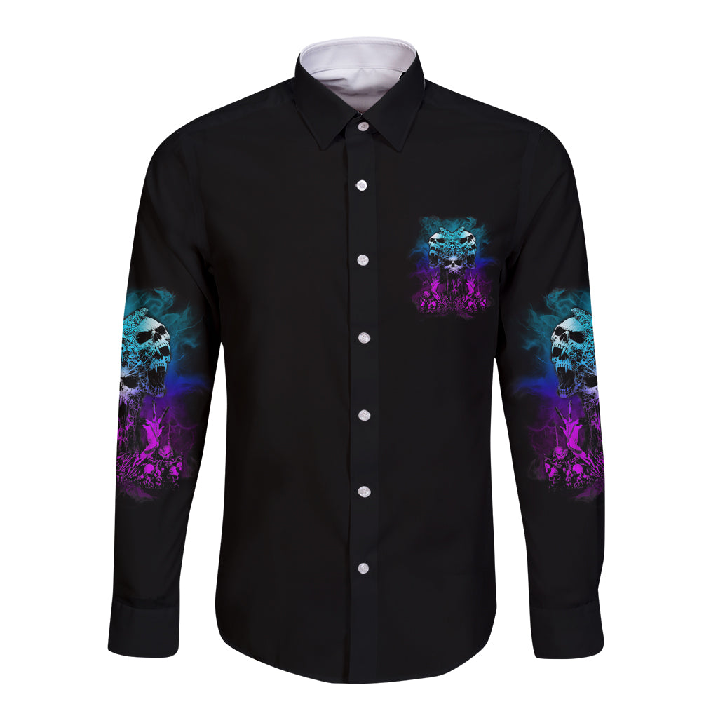 Long sleeve button shirt in black with skull chest graphic and purple sleeve prints