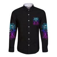 Long sleeve button shirt in black with skull chest graphic and purple sleeve prints