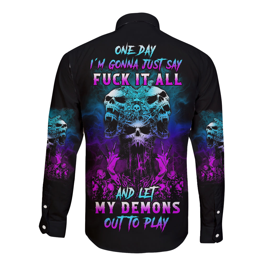 Long sleeve button shirt, black with colorful skull and back text graphic