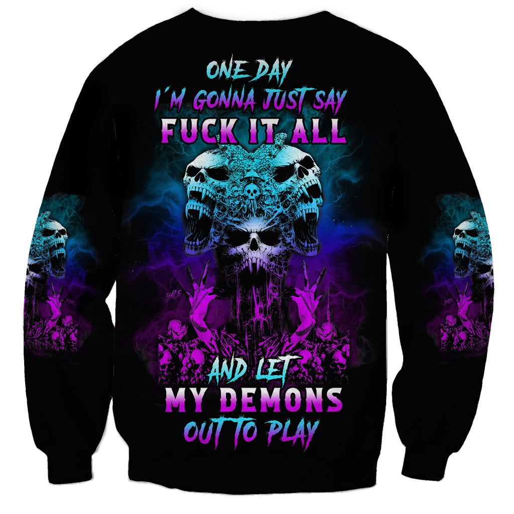 Unisex black crewneck sweatshirt with colorful skull graphic and text design