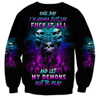 Unisex black crewneck sweatshirt with colorful skull graphic and text design