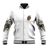Unisex baseball jacket, white front with small skull patch, floral sleeve prints, striped rib cuffs