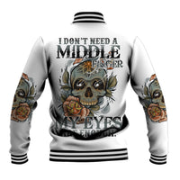 Unisex baseball jacket, white with large back skull-and-rose graphic, striped rib trim