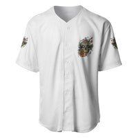 White baseball jersey, front button placket with small skull-flower chest graphic