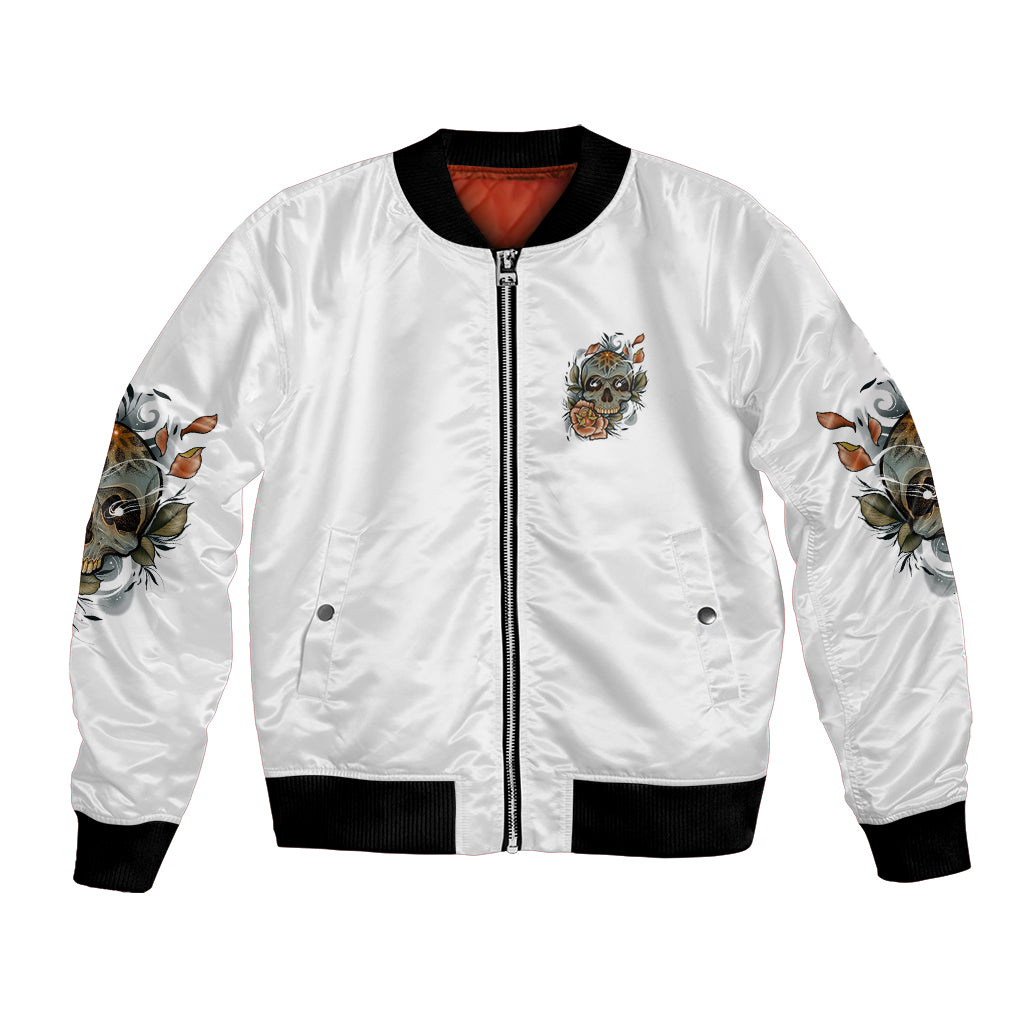 White bomber jacket with front zipper, black trim, and skull flower graphic on chest