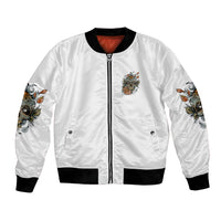 White bomber jacket with front zipper, black trim, and skull flower graphic on chest