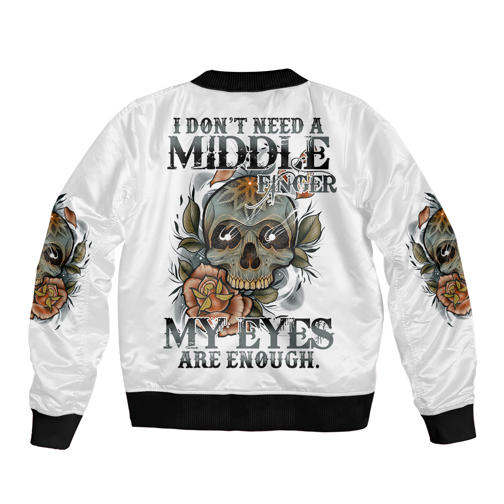 White bomber jacket with ribbed cuffs and bold skull, rose, and text graphic on back