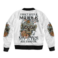 White bomber jacket with ribbed cuffs and bold skull, rose, and text graphic on back