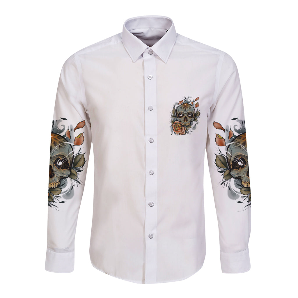 White long-sleeve button shirt with front animal skull emblem and floral sleeve artwork