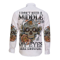 White long-sleeve button shirt with skull text back and floral sleeve graphics