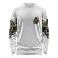 Unisex white long sleeve shirt with small tiger-head print on chest and skull sleeves
