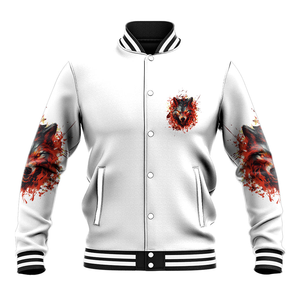 White unisex varsity jacket with front zipper, hood, wolf splatter emblem, striped rib cuffs