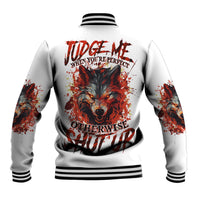 White unisex baseball jacket with ribbed striped collar, wolf graphic on back, long sleeves