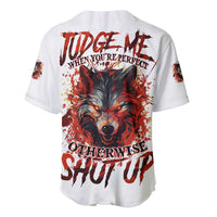 White baseball jersey with wolf graphic on back and red text, short sleeves