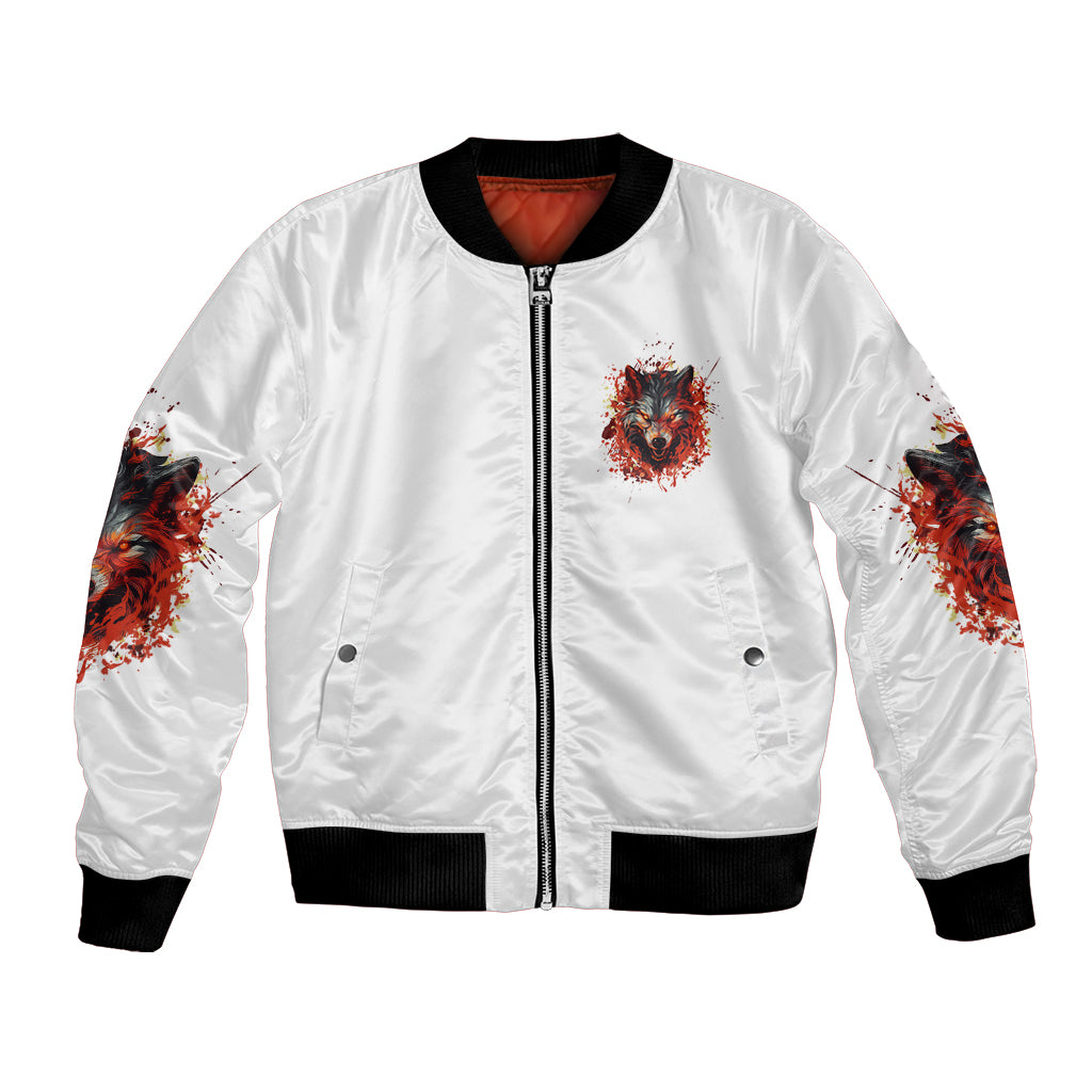 Unisex white bomber jacket with front zipper, wolf patch, and ribbed black hem