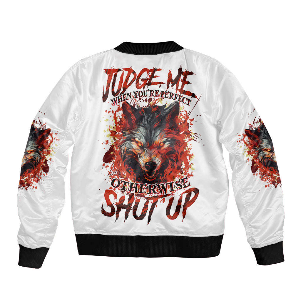 Unisex white bomber jacket with wolf graphic on back and ribbed black cuffs