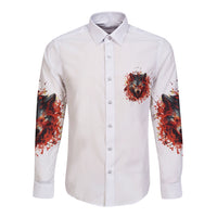 White long-sleeve button-up shirt with chest wolf print and red/orange sleeve art