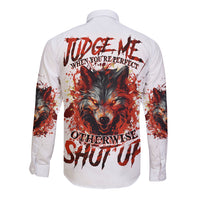 White long-sleeve button-up shirt with back wolf graphic and red splatter
