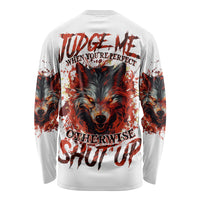 White long-sleeve shirt with large wolf face graphic on the back