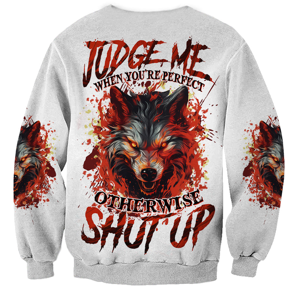 Gray unisex sweatshirt with red and black wolf graphic and distressed text on back